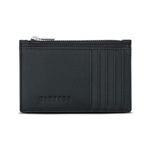 Porte-Cartes Homme Cuir Noir - KANVASA Sleek Porte Cartes Pochette à Pièces Cuir de Vache - Portefeuille Femme Cuir Véritable - Portefeuilles Blocage RFID, 5 Encoches Cartes & Compartiment Zippé Cover