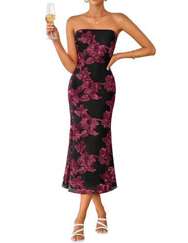 graceful wedding guest dress strapless floral bodycon mesh - black red