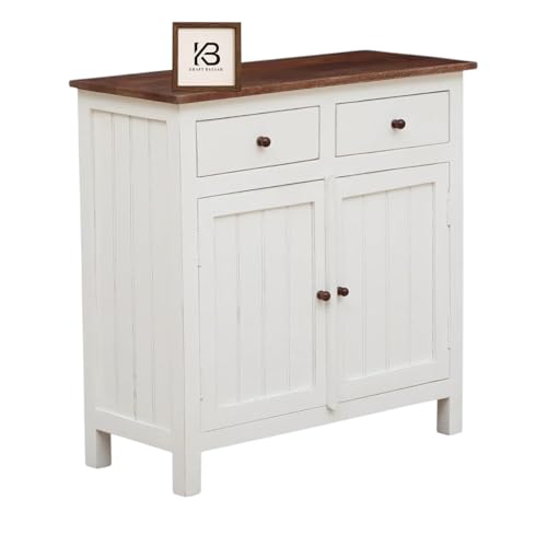 Image of Solid Wood Sideboard Cabinet with 2 Drawers | Tubaq Scratch-Resistant Top | White Distressed Edge | Storage for Living Room & Dining