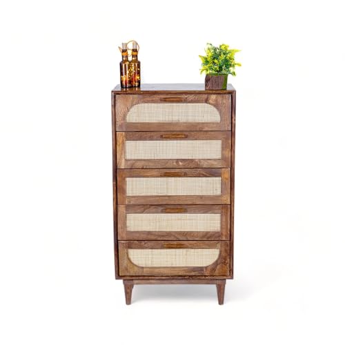 Image of Solid Wood Atlanta Chest of Drawer | Dresser with 5 Drawers | Wooden Chest of Darwers | Chest of Drawers with Cane /Rattan | Finish- Tubaq