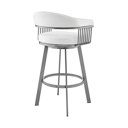 Butaco giratorio de altura para barra de 25 pulgadas Armen Living Chelsea en acabado plateado y tapizado en cuero sintético blanco miniatura 6