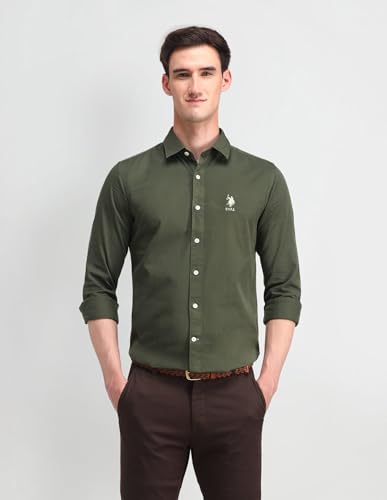 Image of U.S. Polo ASSN. Solid Slim Fit Shirts for Men - 100% Cotton, Full Sleeve Mens Casual Shirts