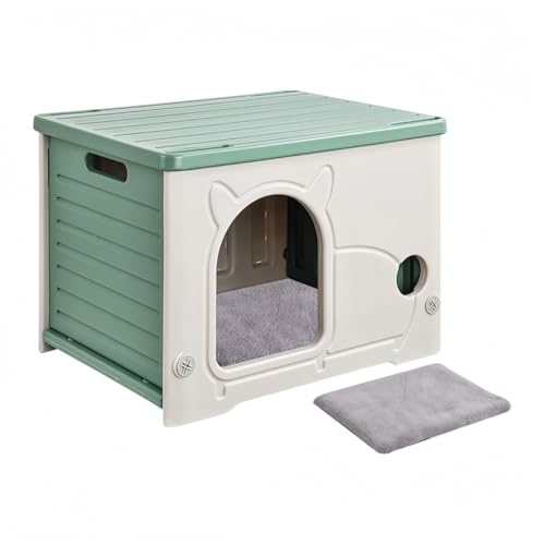【みずほのひかり】猫ハウス(キャットハウス・ペットハウス) 小型犬用兼用 プラスチック製 猫小屋 屋外・室内両用 野良猫ハウスにも適し オールシーズン対応(防寒・雨よけ) 毛布付き 通気性良好 組み立て簡単・洗える グリーン(おしゃれデザイン) ペット用品