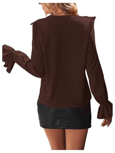 SweatyRocks Women's Ruffle Blouse Button Up V Neck Flounce Long Sleeve Shirts Tops2