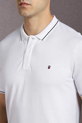 Image of Louis Philippe Men's Slim Fit Single-Tuck Pique Stylized Sleeve Print and Contrast Tipping Half Sleeve Solid Polo Tshirt