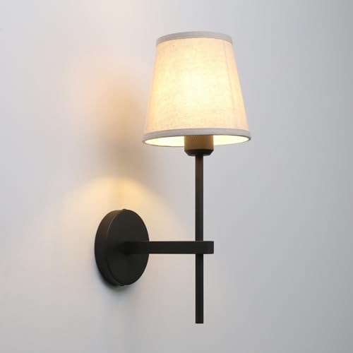 Image of Vintage Wall Sconce with Linen Fabric Shade, E26 Bathroom Vanity Light, Hardwired Indoor 1-Light Wall Mounted Lamp for Hallway Bedside Nightstand Light