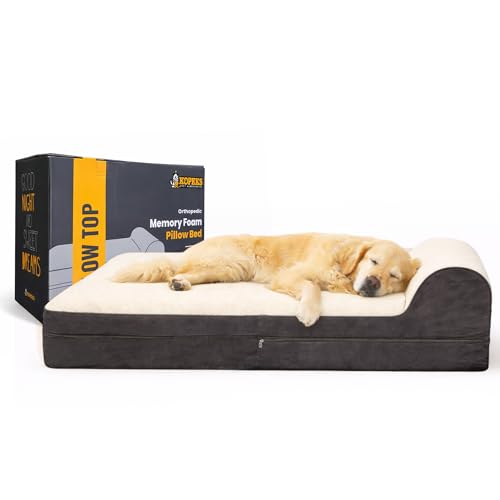 KOPEKS - Cama para Perro Ortopédica con Espuma Viscoelástica y Almohada (Incluye Funda Lavable e Impermeable) XL - Marrón con Felpa