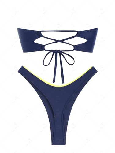 seamoly Sexy Blue Gingham Bow Decor Ruched Backless Lace Up Bandeau Bikini Set Strapless Swimsuits for Women3