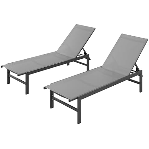 Vexwalx Outdoor Lounge Chairs Set of 2 for Pool, Aluminum Chaise Lounge Chairs with 5-Position Recliner, Patio Lounge Chair for Backyard, Poolside, Deck, Lawn, Dark Gray Cover