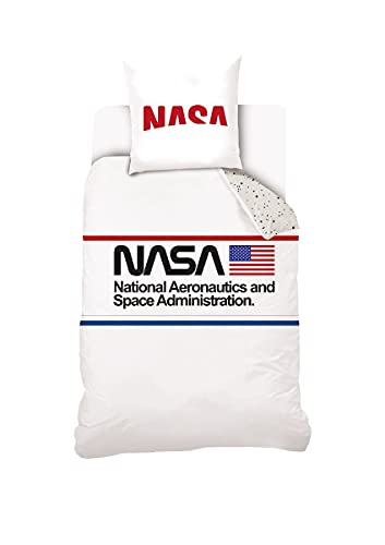 NASA - Funda nórdica para cama individual, 140 x 200 cm, 100% algodón y funda de almohada de 63 x 63 cm, color blanco