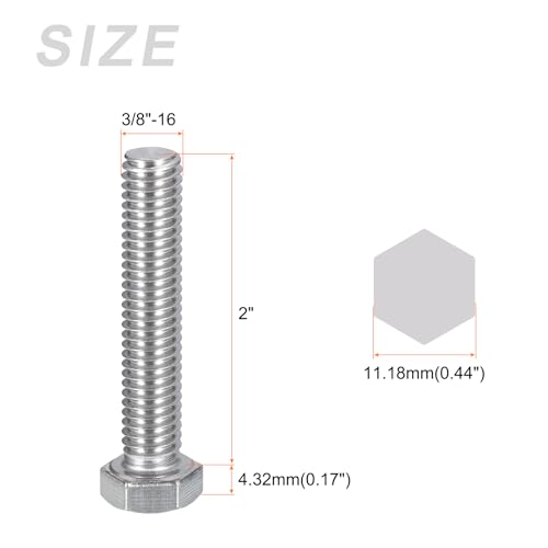 Image of METALLIXITY Hex Head Bolts (3 /8-16 x 2) 25Pcs, 304 Stainless Steel 18-8, Fully Threaded, External Hex Drive, Plain Finish, Hex Head Screw Bolt, Silver