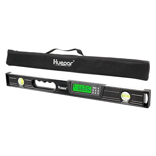Huepar Nivel de burbuja digital y transportador de ángulo de 61 cm con 2 niveles de burbuja de alta precisión y pantalla LCD, herramienta eléctrica de aleación de aluminio, regla inferior, mango de