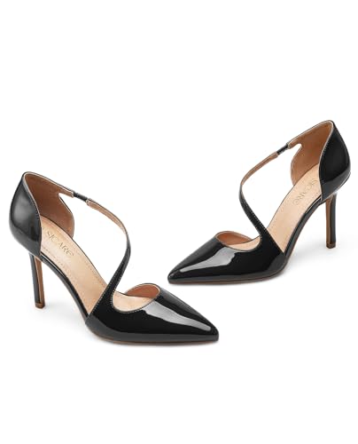 Image of Women's Pointed Toe High Heel Pumps, Elegant Asymmetric Cross Strap D'Orsay Stiletto Strappy Heels, Glossy Patent Dress Shoes for Wedding, Party, and Office
