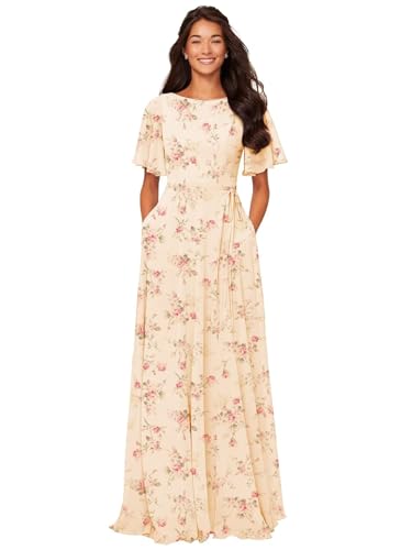 Image of petyoo Chiffon Flutter Sleeve Bridesmaid Dresses with Pockets Sash Long A Line Formal Dress