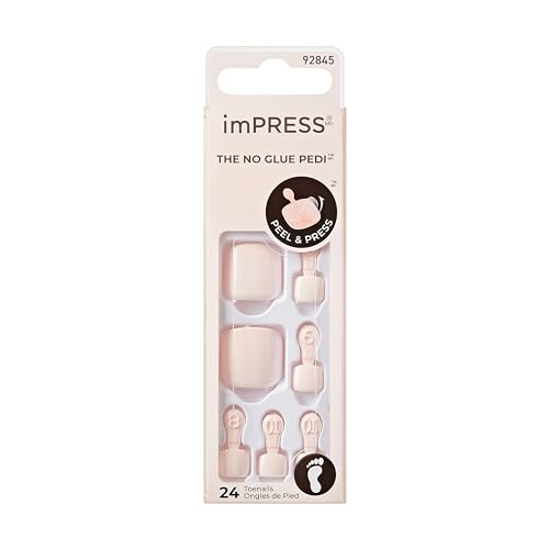 KISS imPRESS No Glue Pedi Press-On Nails Toenails Spun Sugar Light Pink Short Size Squoval Shape Includes 24 Nails Prep Pad Instructions Sheet 1 Manicure Stick 1 Mini File