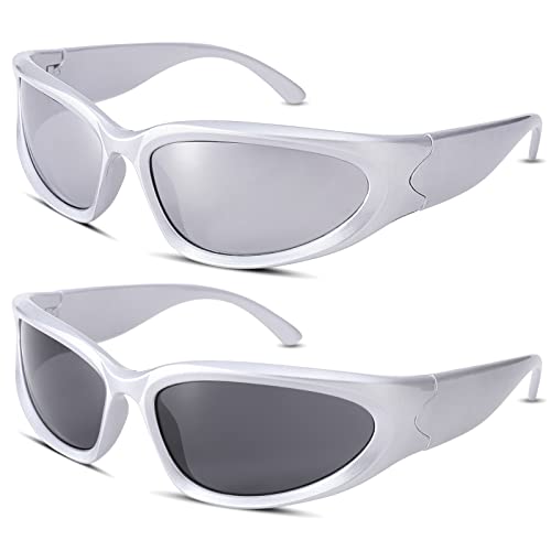 NULOOQ Wrap Around Sunglasses for Women Men – Trendy Swift Y2K Oval Sport Shades Silver Futuristic Sunglasses