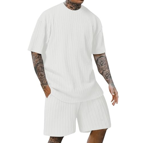 Miyaomn 2024 Stylish Ribbed Tracksuits for Men 2 Piece Summer Outfits Oversized Loose Casual Short Sleeve Top and Shorts Sets