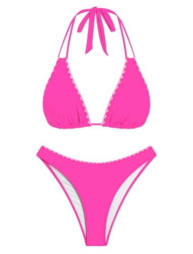 Image of ZAFUL Women Halter Dual Straps Whip Stitch Floral Triangle Bikini Swimsuits