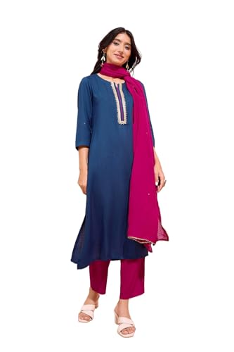 Image of Taneira Women Viscose Embroidered Blue Kurta Set