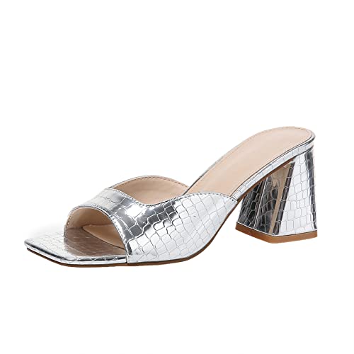 Women’s Heeled Sandals Block Chunky Heels Square Toe Slip On Dress Party Casual Pumps Mules Sandals Gold Silver US5-11