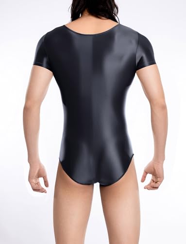 FEOYA Men Shiny Oil Glossy Bdoysuit One Piece Short Sleeve Silky Leotard Jumpsuit Romper2
