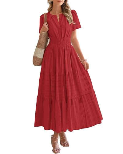 BTFBM Womens Summer 2026 Casual Midi Maxi Dresses Lightweight Short Sleeve V Neck Elastic Waist Boho Beach Dress Pockets - image 1