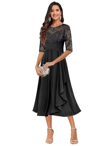 Tea Length Chiffon Mother of The Bride Dresses for Women Lace Applique Half Sleeve Ruffles Formal Wedding Guest Dresses