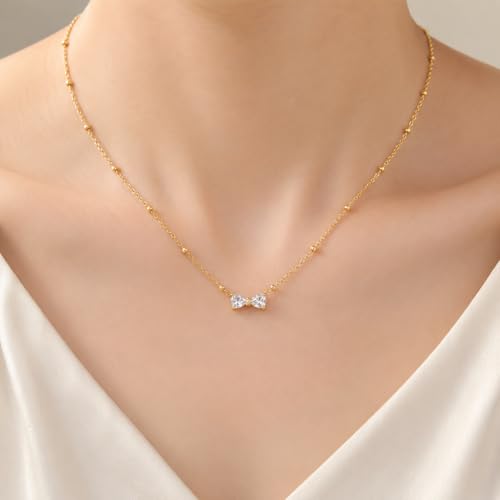 Image of Gold Plated Stainless Steel Bow Pendant Necklace, Anti Tarnish, Cubic Zirconia Charm, Beaded Chain