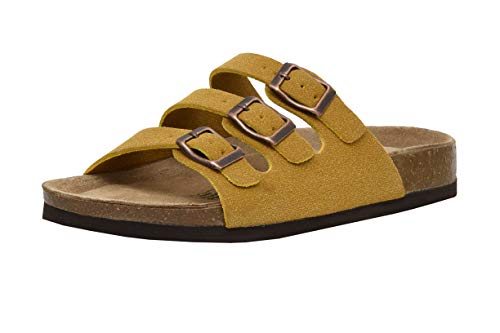 CUSHIONAIRE Women's Lela Cork footbed Sandal with +Comfort, Yellow Vegan Suede, 8