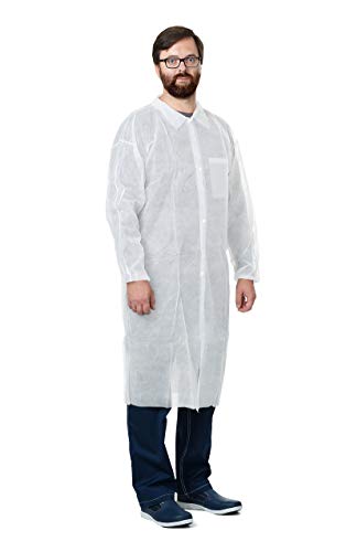 Amz Medical Supply Disposable Lab Coats. Pack Of 10 White Adult Frocks. Large Spp 40Gm/M2 Garment. Non-Sterile Cloth-Like Fabric Coats With Cut Wrists, Folded Collar And Plastic Snaps. Breast Pocket. #TOP27