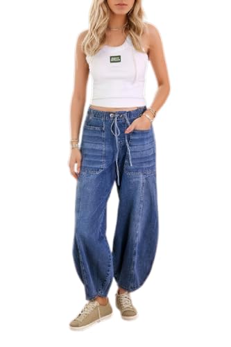 Akivide Women's Elastic High Waisted Harem Jeans Boyfriend Baggy Casual Loose Denim Pants with Pockets