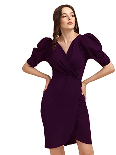 Image of Sheetal Associates Women's Puff Sleeve V-Neck Bodycon Casual Mini Dress