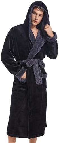 Inner Wish Mens Hooded Robe, Plush Long Bath robes Cozy Warm Bathrobe Fuzzy male Spa Robe With Pockets