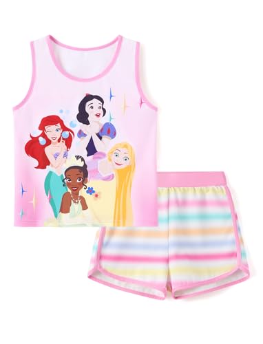 Disney Princess Girls Summer Outfits Snow White Ariel Tiana Rapunzel Tank Top and Dolphin Shorts 2pc Set Toddler Girl Clothes Kids Activewear 6-7 Years