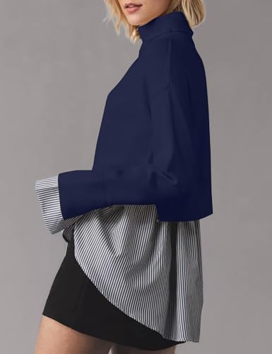 Image of Turtleneck Asymmetrical Sweaters for Women Patchwork 2 in 1 Pullover Knit Sweater Slit Button Down Shirt 2026 Fall