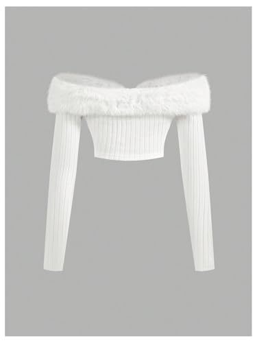 WDIRARA Women's Faux Fur Off Shoulder Crop Coat Zip Up Fuzzy Jackets Long Sleeve Knitted Outerwear2