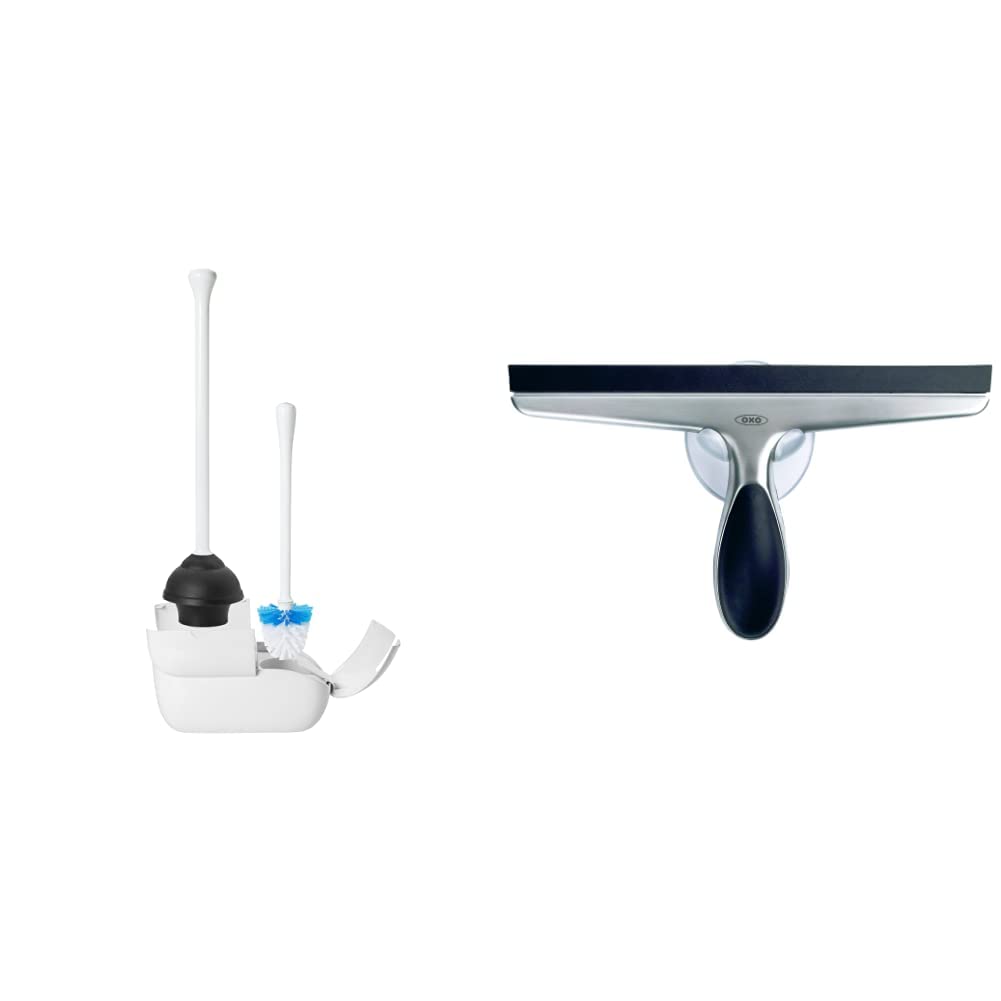 OXO Good Grips Set Toilet Brush & Plunger Combo, White & Good Grips Stainless Steel Squeegee