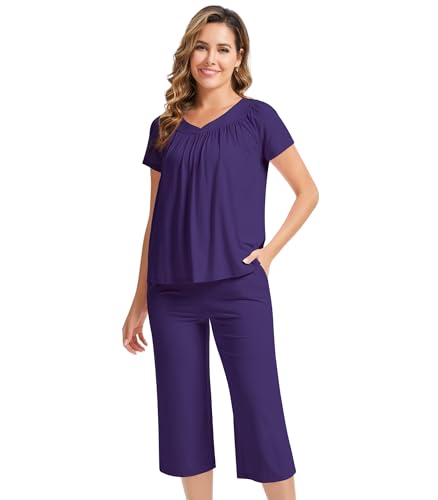 Image of NACHILA Pajamas for Women-Viscose Made from Bamboo, Short Sleeve Sleepwear Soft Capri Pants Pajama Set Pleated Loungewear