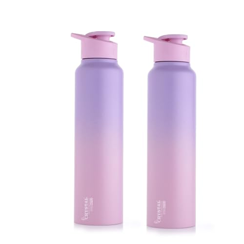 Image of Crystal Aqua 1000 Stainless Steel Water Bottle, Leakproof Lid, Single Walled, ISI Certified I For School, Office, Gym I Purple & Pink | Pack of 2