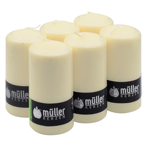 Müller Candele Avorio a Colonna Cilindriche, Set di 6 Candele Colore Avorio, dim. 68 x 135 mm, Lunga Durata di 40 Ore, Cera Antigoccia, Inodore, Qualità RAL