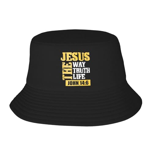 Jesus The Way Truth Life John 14?6 Christian Bible Bucket Hat for Men Women - Sun Protection Fisherman Hat, Lightweight Foldable Casual Outdoor Summer Hat for Beach, Fishing, Hiking (Black)