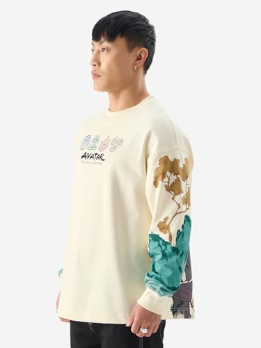 Image of The Souled Store Official Avatar: Aang and Appa Round Neck Beige Graphic Print 100% Cotton Oversized Fit Full Sleeve T-Shirts Oversized Men's T-Shirts Graphic Tees Casual Fashion Relaxed Fit Full