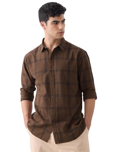 Image of The Souled Store: Blue Sails Men and Boys Long Sleeve Collared Neck Button Front Blue and Cream Checked Embroidered Regular Fit Cotton Linen Shirt
