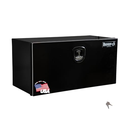 Image of Buyers Products 1706990 Pro Series Underbody Truck Box, 18x24x60 Inch Gloss Black, 0.125 Inch Smooth Aluminum, 3-Point Locking Drop Door, Bolt-On Hinge, Weather Resistant, No Center Post, Made in USA