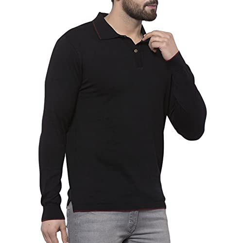 Image of Kalt Mens Basic Solid Full Sleeves Polo Cotton Blend Knitted Regular Fit Polo-Neck T-Shirts with Collar Stylish