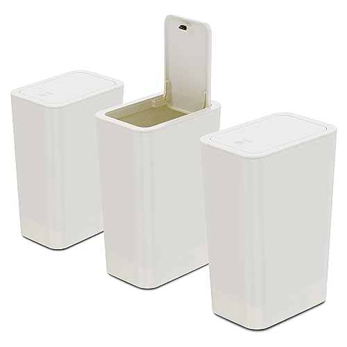 N.NETDOT 3er Set Mini Mülleimer Badezimmer mit Pop-Up Deckel,10L Kosmetikeimer,Kleiner Papierkorb Trash Bin für Büro,Küche,bad,Gäste-WC schmaler Ort in Cremefarben,Maße: 22.2 x15.8 x 33.3cm