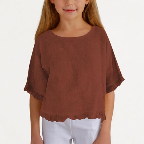 Girls Ruffle Sleeve Shirts Summer Cotton Linen Short Sleeve Kids Casual Crewneck Fashion Flowy Blouse Lightweight2