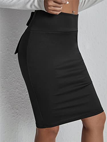 Romwe Women's Elegant Bow Back Ruched High Waisted Bodycon Pencil Midi Skirt Work Office Black M #TOP2