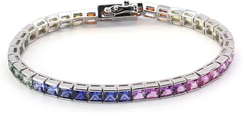 Rainbow Tennis Bracelet 4mm Lab Created Rainbow Sapphire Gemstone Tennis Bracelet,Sterling 925 Silver Iridescent Gemstone Bracelets for Woman Gift3
