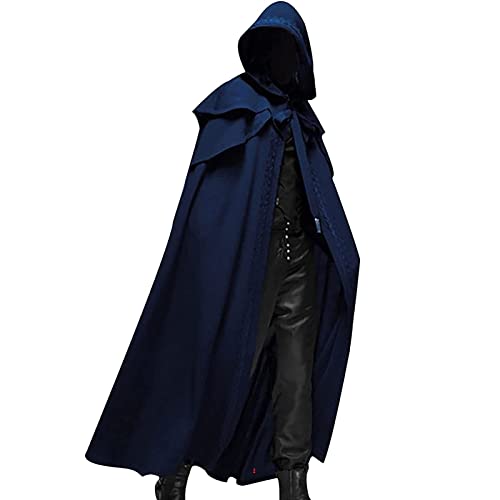 Maiyifu-GJ Men Full Length Hooded Robe Cloak Halloween Costume Casual Retro Gothic Cape Long Cosplay Party Stage Outfit Tops (Blue,X-Large)